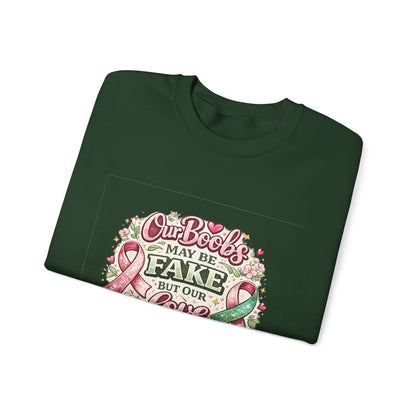 Our Boobs May Be Fake But Our Love Is Real Breast Cancer Awareness Design - Crewneck Sweatshirt