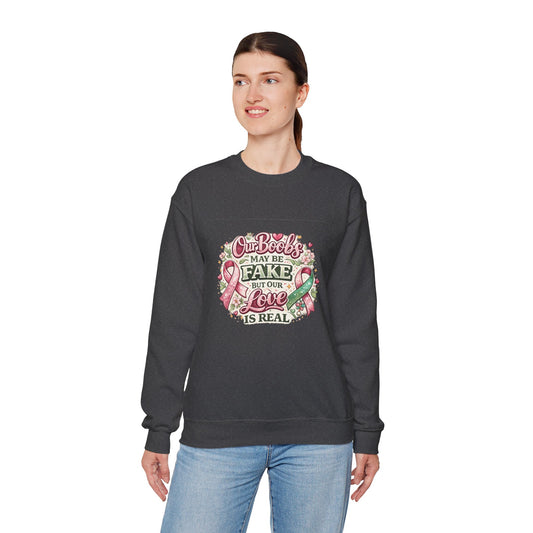 Our Boobs May Be Fake But Our Love Is Real Breast Cancer Awareness Design - Crewneck Sweatshirt