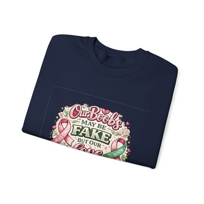 Our Boobs May Be Fake But Our Love Is Real Breast Cancer Awareness Design - Crewneck Sweatshirt