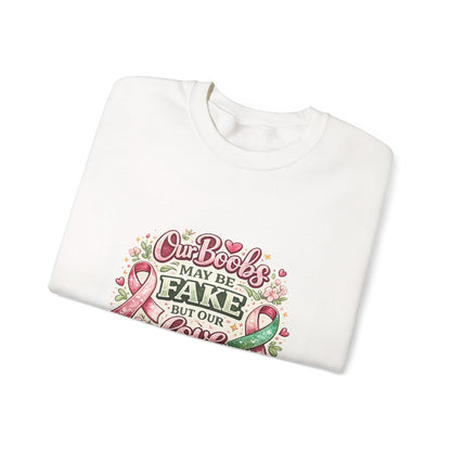 Our Boobs May Be Fake But Our Love Is Real Breast Cancer Awareness Design - Crewneck Sweatshirt