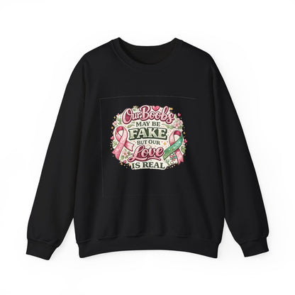 Our Boobs May Be Fake But Our Love Is Real Breast Cancer Awareness Design - Crewneck Sweatshirt