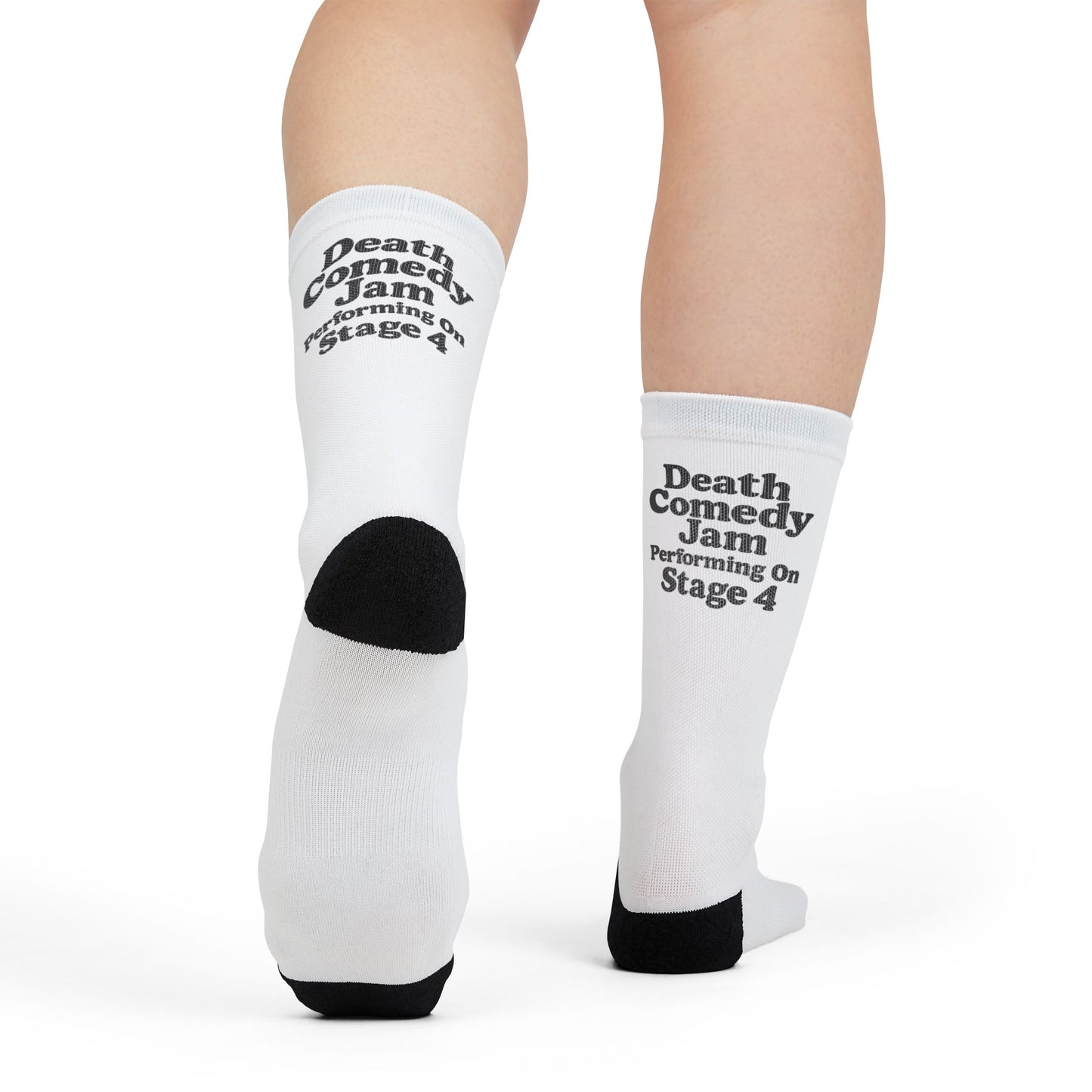 Death Comedy Jam Sublimation Crew Socks — White Novelty Band Logo Socks