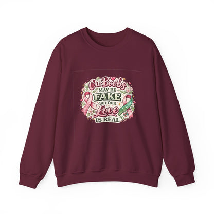 Our Boobs May Be Fake But Our Love Is Real Breast Cancer Awareness Design - Crewneck Sweatshirt