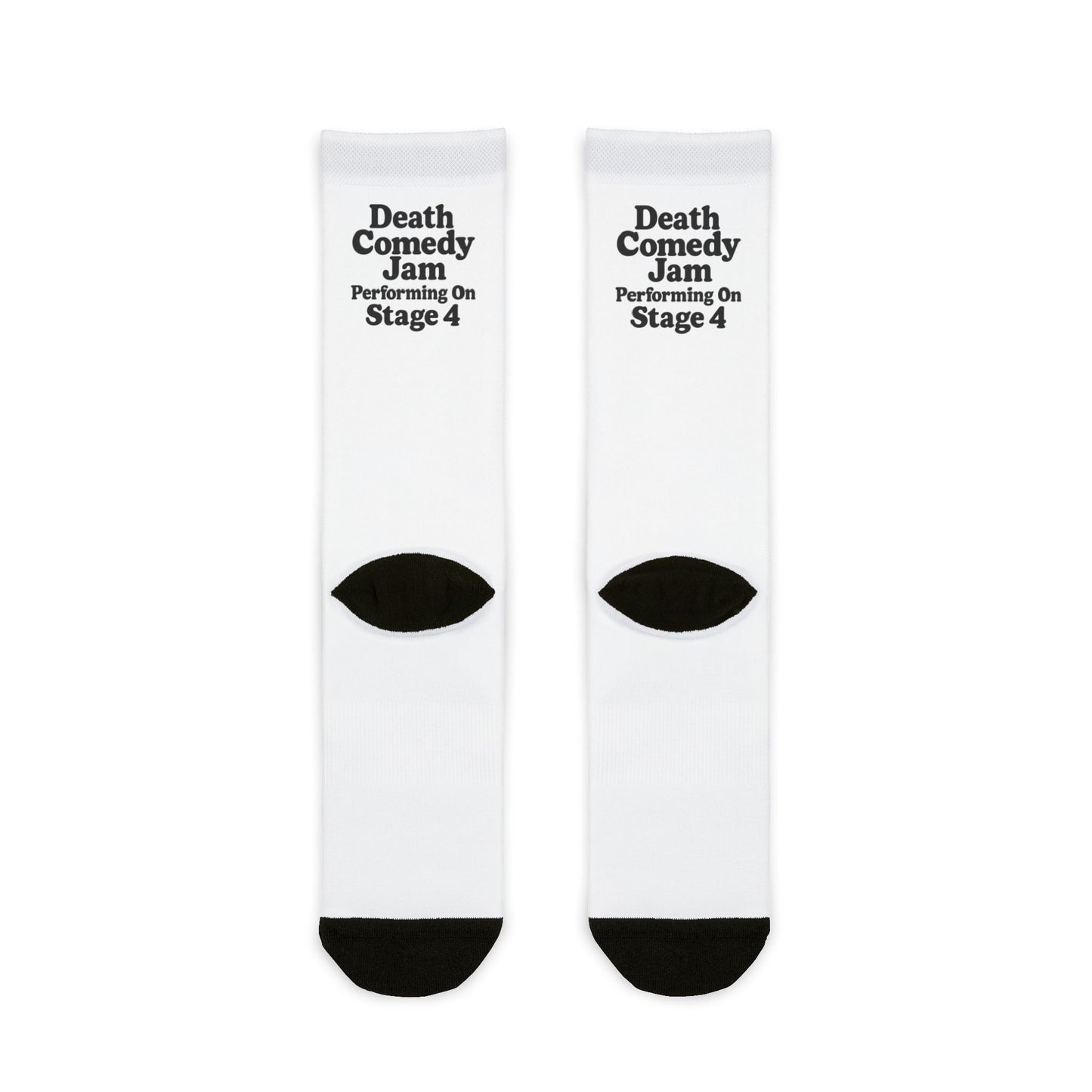 Death Comedy Jam Sublimation Crew Socks — White Novelty Band Logo Socks