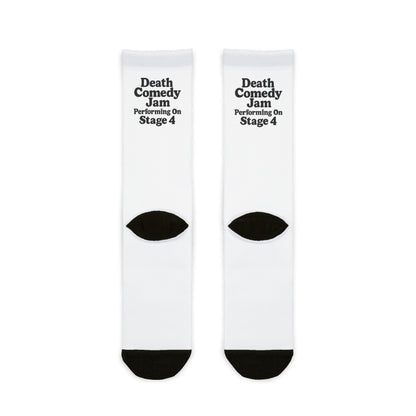 Death Comedy Jam Sublimation Crew Socks — White Novelty Band Logo Socks