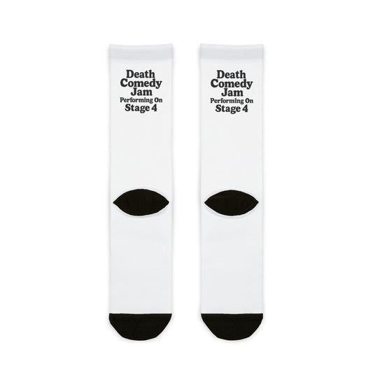 Death Comedy Jam Sublimation Crew Socks — White Novelty Band Logo Socks