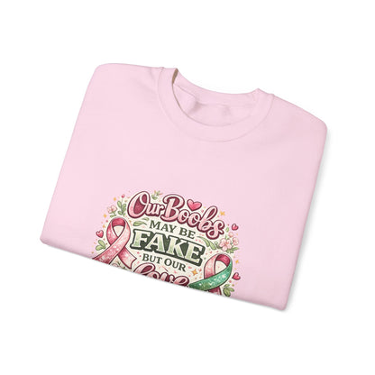 Our Boobs May Be Fake But Our Love Is Real Breast Cancer Awareness Design - Crewneck Sweatshirt