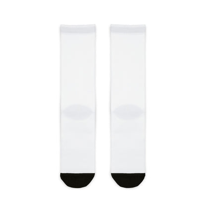 Death Comedy Jam Sublimation Crew Socks — White Novelty Band Logo Socks
