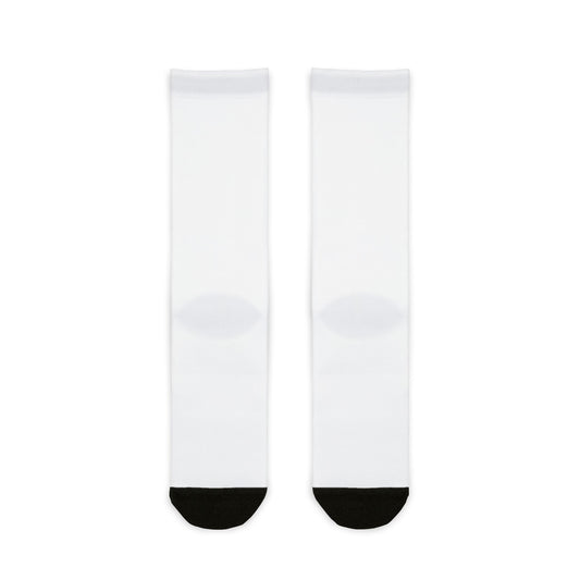 Death Comedy Jam Sublimation Crew Socks — White Novelty Band Logo Socks