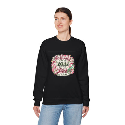 Our Boobs May Be Fake But Our Love Is Real Breast Cancer Awareness Design - Crewneck Sweatshirt
