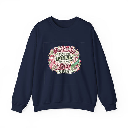 Our Boobs May Be Fake But Our Love Is Real Breast Cancer Awareness Design - Crewneck Sweatshirt