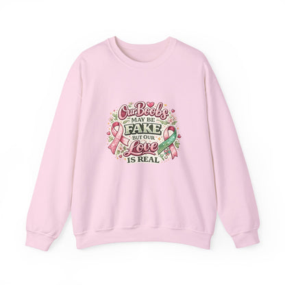 Our Boobs May Be Fake But Our Love Is Real Breast Cancer Awareness Design - Crewneck Sweatshirt