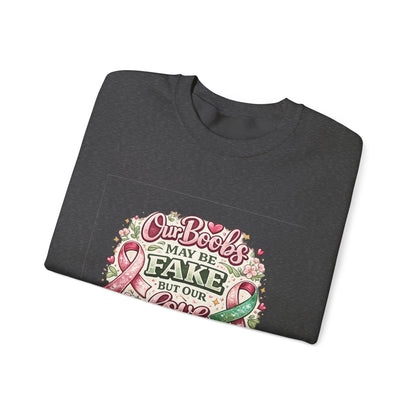 Our Boobs May Be Fake But Our Love Is Real Breast Cancer Awareness Design - Crewneck Sweatshirt