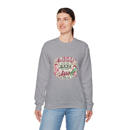 Our Boobs May Be Fake But Our Love Is Real Breast Cancer Awareness Design - Crewneck Sweatshirt