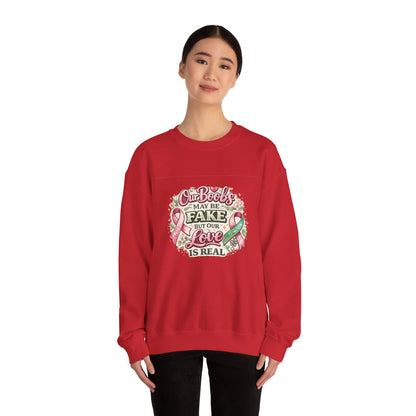 Our Boobs May Be Fake But Our Love Is Real Breast Cancer Awareness Design - Crewneck Sweatshirt