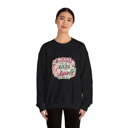 Our Boobs May Be Fake But Our Love Is Real Breast Cancer Awareness Design - Crewneck Sweatshirt