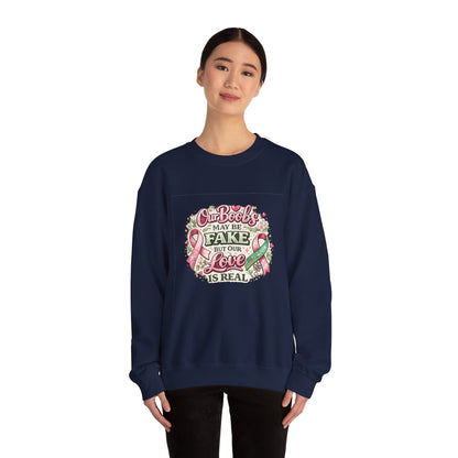 Our Boobs May Be Fake But Our Love Is Real Breast Cancer Awareness Design - Crewneck Sweatshirt