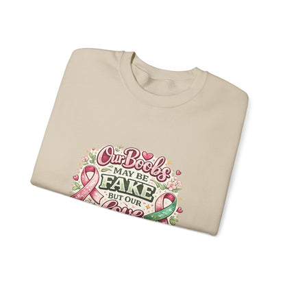 Our Boobs May Be Fake But Our Love Is Real Breast Cancer Awareness Design - Crewneck Sweatshirt