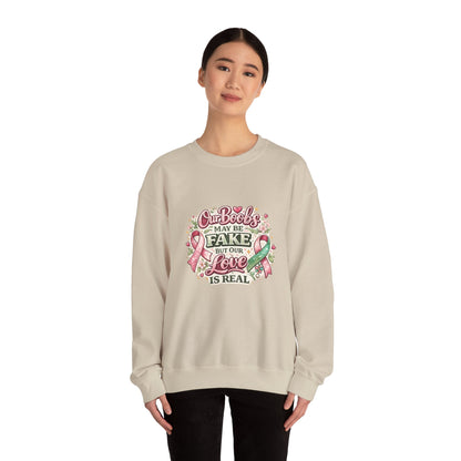 Our Boobs May Be Fake But Our Love Is Real Breast Cancer Awareness Design - Crewneck Sweatshirt