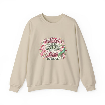 Our Boobs May Be Fake But Our Love Is Real Breast Cancer Awareness Design - Crewneck Sweatshirt