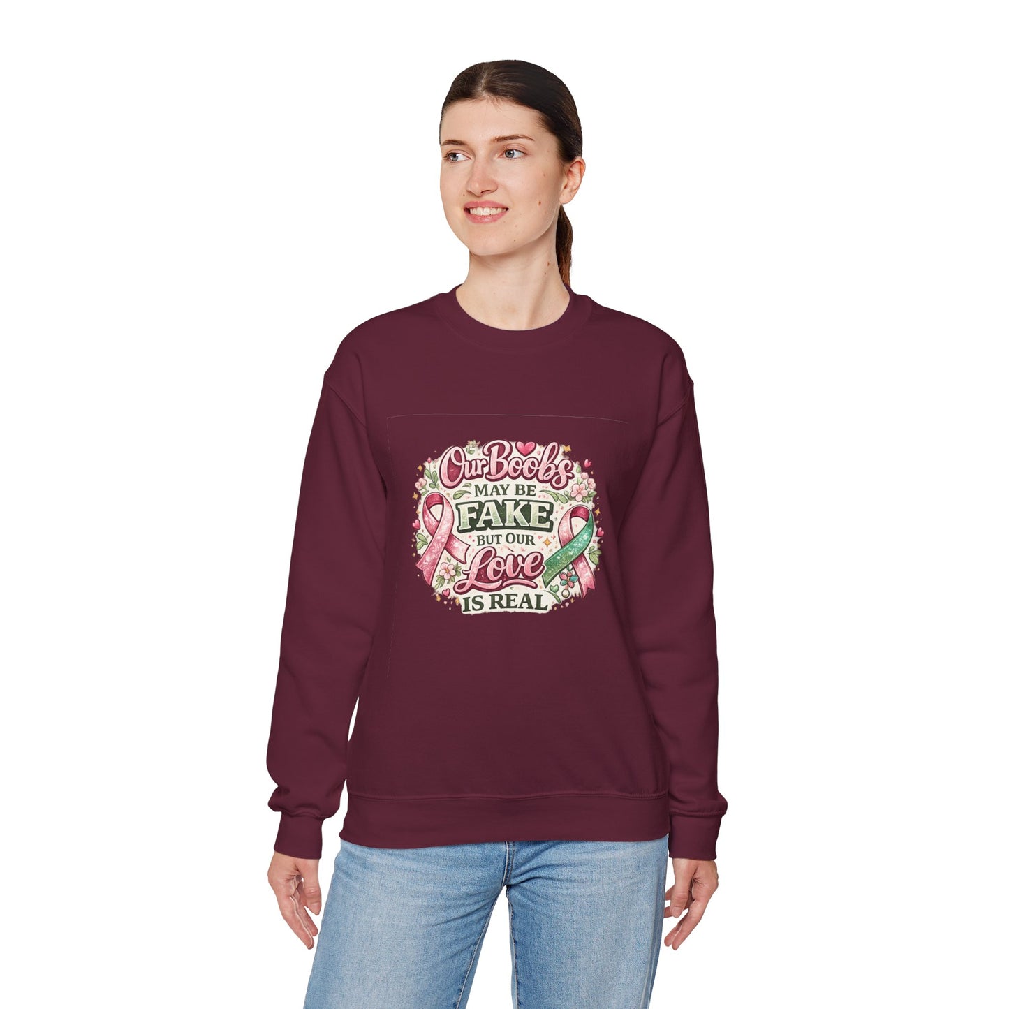 Our Boobs May Be Fake But Our Love Is Real Breast Cancer Awareness Design - Crewneck Sweatshirt