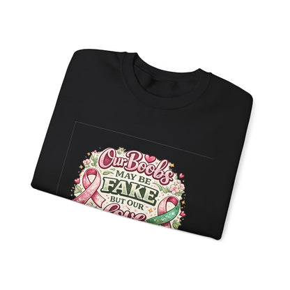 Our Boobs May Be Fake But Our Love Is Real Breast Cancer Awareness Design - Crewneck Sweatshirt