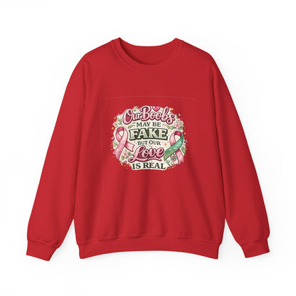 Our Boobs May Be Fake But Our Love Is Real Breast Cancer Awareness Design - Crewneck Sweatshirt