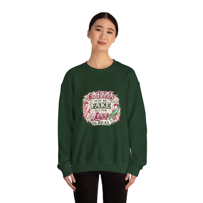 Our Boobs May Be Fake But Our Love Is Real Breast Cancer Awareness Design - Crewneck Sweatshirt